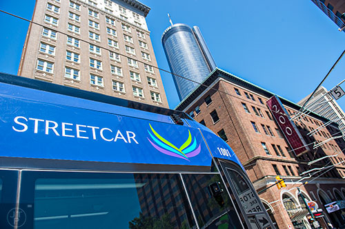 An Atlanta Streetcar waits for passengers to board at the Peachtree Center stop in downtown.