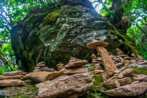 Small cairns mark the Craggy Pinnacle Trail along the Blue Ridge Parkway outside of Asheville, North Carolina on Tuesday, June 23, 2015.