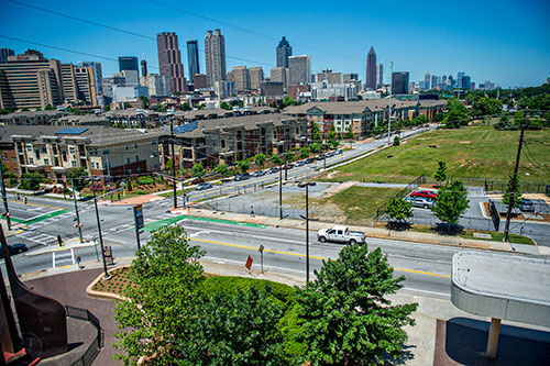 The Atlanta skyline from the westbound MARTA train platform at King Memorial Station at the corner of Grant and Decatur streets in Atlanta on Wednesday, May 13, 2015.