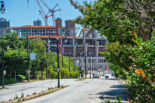Construction continues on the new Atlanta Stadium. View from Martin Luther King Jr. Drive.