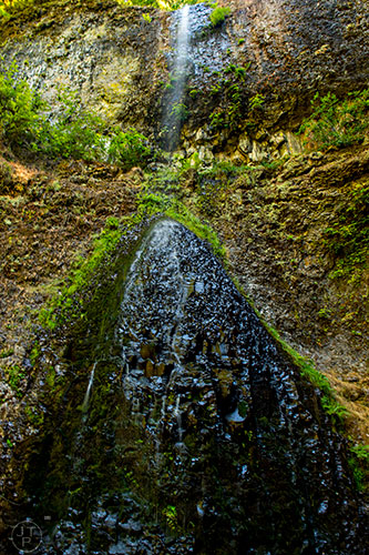 Down to a trickle, Double Falls drops 178 feet to the creek bed below at Silver Falls State Park in Oregon on Wednesday, July 29, 2015.