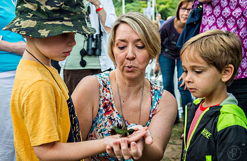 Hugh Granden (left) helps release a hummingbird back into the wild with the help of Julia Elliott as Ricardo Irizarry watches during the Hummingbird Banding Festival at the Smith Gilbert Gardens in Kennesaw on Saturday, August 29, 2015. 