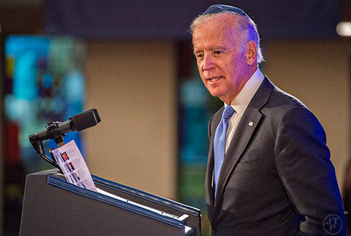 Vice President of the United States Joe Biden speaks during the 2015 Fran Eizenstat and Eizenstat Family Annual Lecture at the Ahavath Achim Synagogue in Atlanta on Thursday, September 3, 2015.   