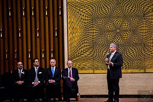 Rabbi Laurence Rosenthal (right) speaks before Vice President of the United States Joe Biden takes the stage during the 2015 Fran Eizenstat and Eizenstat Family Annual Lecture at the Ahavath Achim Synagogue in Atlanta on Thursday, September 3, 2015.   
