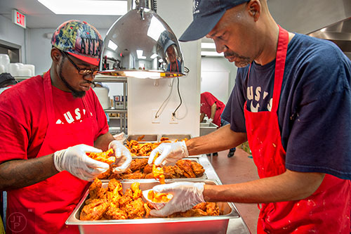 Inside the kitchen at the newly opened Gus's World Famous Fried Chicken inside the Mall at Peachtree Center in Atlanta on Thursday, August 20, 2015.