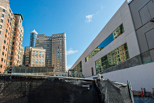 The Emory Proton Therapy Center's (right) construction entrance on North Ave. in Atlanta.