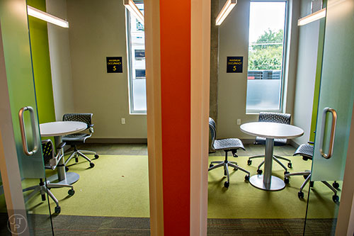 The genius lounge inside University House in Atlanta features private workrooms to study by oneself or in small to medium groups up to 11 people.