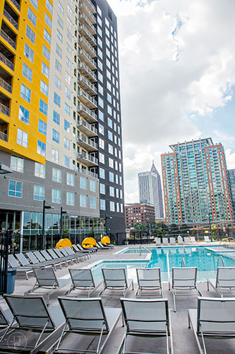A view of the outside courtyard and pool with views of downtown at University House in Atlanta.