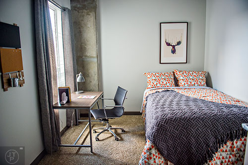 Inside one of the residencies at University House in Atlanta features all the furnishings for the bedrooms including the bed, desk and chair. Each bedroom has its own bathroom as well.