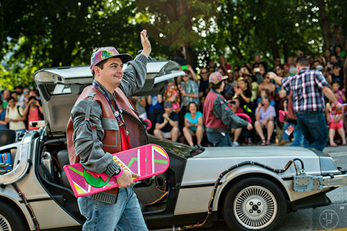 Dressed as Marty McFly from Back to the Future 2, David Brookshire marches down Peachtree St. during the annual DragonCon Parade in Atlanta on Saturday, September 5, 2015.   