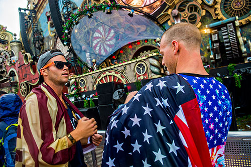 Blake Rankin (left) and Louis Beaudette dance in front of the main stage during TomorrowWorld in Chattahoochee Hills on Saturday, September 26, 2015. 