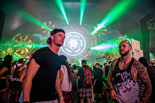 Matt Ward (left) and Rory Johnson dance during TomorrowWorld in Chattahoochee Hills on Saturday, September 26, 2015. 