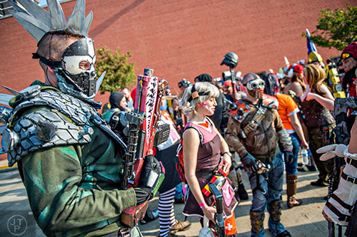 Dressed as a character from the Borderlands video games, Brad Holton waits in the marshalling yards for the start of the annual DragonCon Parade in Atlanta on Saturday, September 5, 2015.