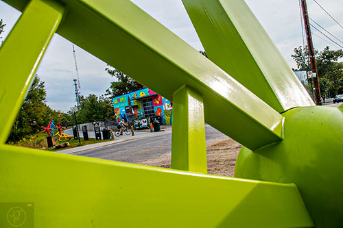 You can't miss Nathan Pierce's piece for Art on the Beltline "Anywhere But Here" as the large green sculpture is across Irwin St.