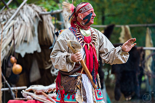 Jim Sawgrass gives a talk on Native American culture during the Indian Festival & Pow Wow at Stone Mountain Park on Saturday, October 31, 2015.