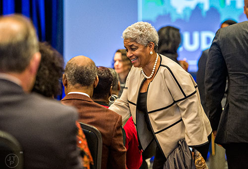 Former Atlanta Mayor Shirley Franklin (right) talks with people before speaking in a panel discussion at the Center for Civil and Human Rights in Atlanta on Wednesday, November 4, 2015.   