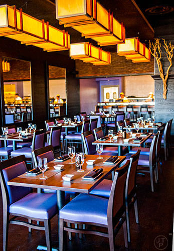 The main dining area at O-Ku Sushi in Atlanta.