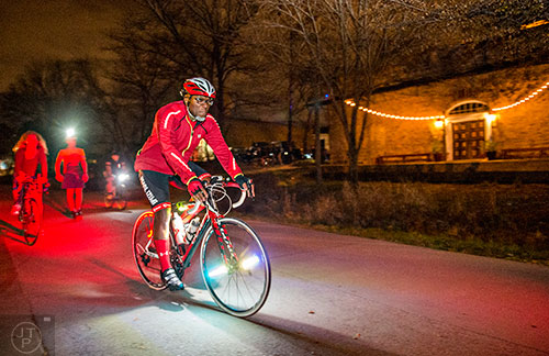 Around 50 cyclists head up the Atlanta Beltline's Eastside Trail for the annual Atlanta Christmas Ride on Wednesday evening.