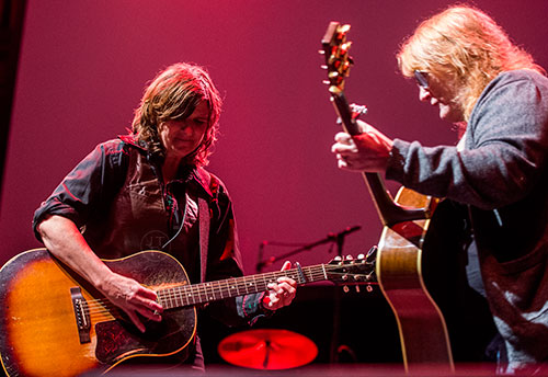 The Indigo Girls' Amy Ray (left) and Emily Saliers perform on stage during a tribute to the late Alex Cooley at the Tabernacle in Atlanta on Saturday, January 9, 2016. 