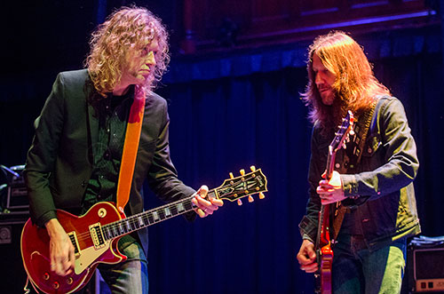 Drivin' N Cryin's Warner Hodges (left) and Blackberry Smoke's Charlie Starr perform on stage during a tribute to the late Alex Cooley at the Tabernacle in Atlanta on Saturday, January 9, 2016. 
