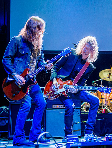 Blackberry Smoke's Charlie Starr (left) performs on stage with Drivin' N Cryin's Warner Hodges during a tribute to the late Alex Cooley at the Tabernacle in Atlanta on Saturday, January 9, 2016. 
