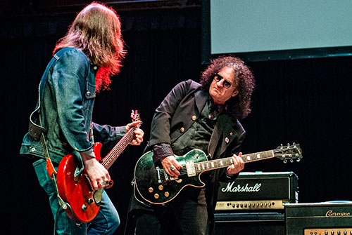 Rick Richards (right) of the Georgia Satellites and Charlie Starr of Blackberry Smoke perform on stage during a tribute to the late Alex Cooley at the Tabernacle in Atlanta on Saturday, January 9, 2016. 