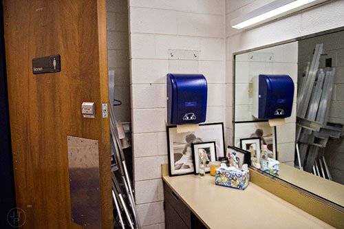 A women's restroom is used as extra storage for art supplies at Riverwood High School in Atlanta on Tuesday, January 12, 2016. 