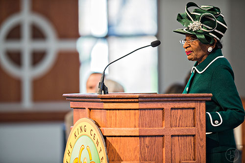 Dr. Christine King Farris speaks during the 48th Martin Luther King Jr. Annual Commemorative Service at Ebenezer Baptist Church in Atlanta on Monday, January 18, 2016. 