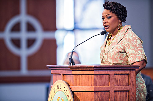 Dr. Bernice King speaks during the 48th Martin Luther King Jr. Annual Commemorative Service at Ebenezer Baptist Church in Atlanta on Monday, January 18, 2016. 
