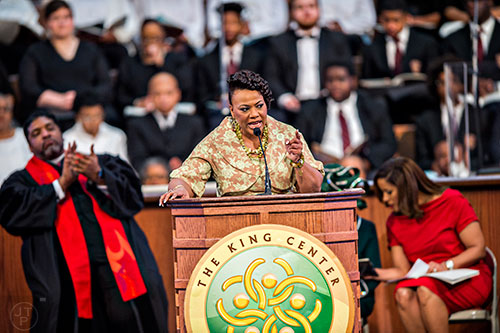 Dr. Bernice King (center) speaks during the 48th Martin Luther King Jr. Annual Commemorative Service at Ebenezer Baptist Church in Atlanta on Monday, January 18, 2016. 
