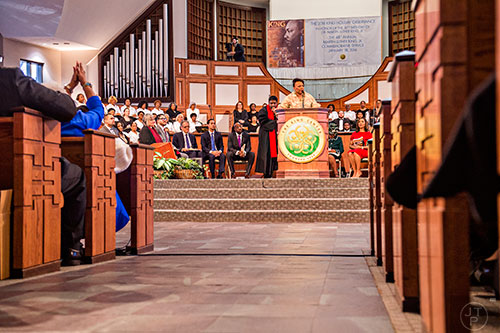 January 18, 2016 Atlanta - Dr. Bernice King (center) speaks during the 48th Martin Luther King Jr. Annual Commemorative Service at Ebenezer Baptist Church in Atlanta on Monday, January 18, 2016. 