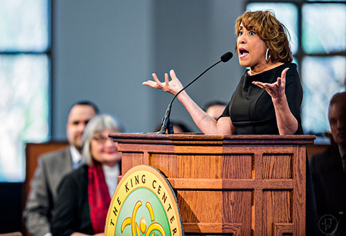 Judge Penny Reynolds speaks during the 48th Martin Luther King Jr. Annual Commemorative Service at Ebenezer Baptist Church in Atlanta on Monday, January 18, 2016. 