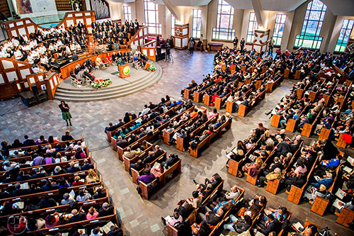 Dr. Christine King Farris (at podium) speaks during the 48th Martin Luther King Jr. Annual Commemorative Service at Ebenezer Baptist Church in Atlanta on Monday, January 18, 2016. 