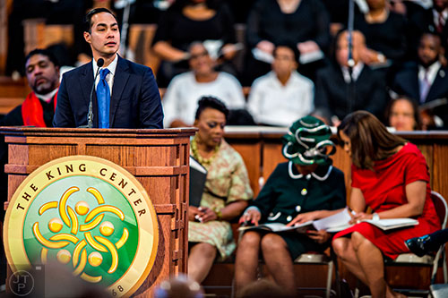 Julian Castro, the United States Secretary for the Department of Housing and Urban Development, speaks during the 48th Martin Luther King Jr. Annual Commemorative Service at Ebenezer Baptist Church in Atlanta on Monday, January 18, 2016. 