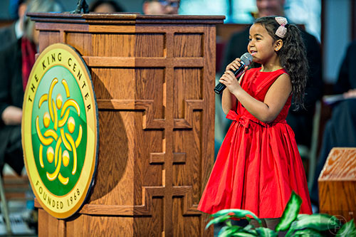 Heavenly Joy Jerkins (right) performs "Who Would Imagine a King" during the 48th Martin Luther King Jr. Annual Commemorative Service at Ebenezer Baptist Church in Atlanta on Monday, January 18, 2016. 