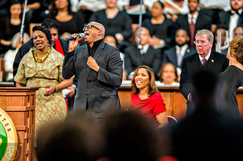 Anthony Brown (left) performs "Worth" during the 48th Martin Luther King Jr. Annual Commemorative Service at Ebenezer Baptist Church in Atlanta on Monday, January 18, 2016. 
