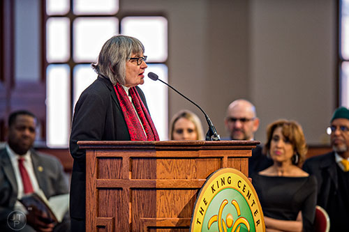 Mary Lou Finley, a veteran of the Civil Rights Movement's Chicago campaign from 1966, speaks during the 48th Martin Luther King Jr. Annual Commemorative Service at Ebenezer Baptist Church in Atlanta on Monday, January 18, 2016. 