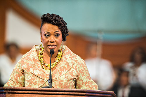 Dr. Bernice King speaks during the 48th Martin Luther King Jr. Annual Commemorative Service at Ebenezer Baptist Church in Atlanta on Monday, January 18, 2016.
