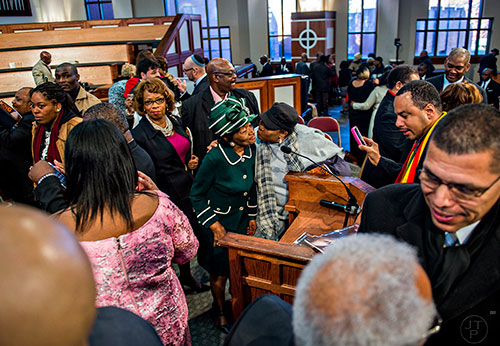 Dr. Christine King Farris visits with well wishers after the 48th Martin Luther King Jr. Annual Commemorative Service at Ebenezer Baptist Church in Atlanta on Monday, January 18, 2016. 