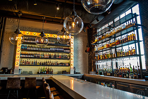 Loads of choices in terms of alcohol can be readily seen from the bar at Biltong Bar inside Ponce City Market in Atlanta.