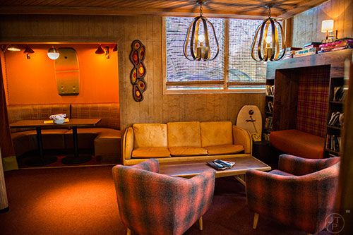 Whereas the upstairs at BeetleCat is yacht themed, downstairs has a markedly surfer den feel. The lounge area downstairs.