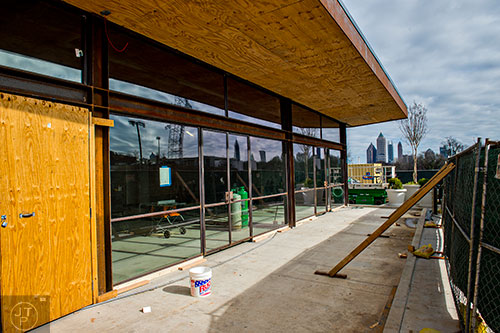 A grounded view of the yet-to-be-completed Barcelona Restaurant and Wine Bar at Westside Ironworks off of Howell Mill Rd.