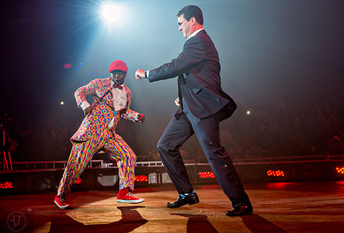 Sifiso (left) gets things going with a little audience participation during the opening night of the UniverSoul Circus in Atlanta on Wednesday, February 3, 2016.