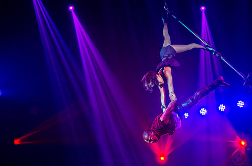 Duo Roxanne performs during the opening night of the UniverSoul Circus in Atlanta on Wednesday, February 3, 2016. 