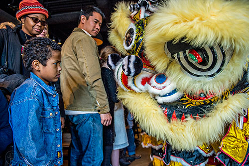 Andrew Jimenez (left) stares down a lion during the Lunar New Year Celebration at Makan in Decatur on Saturday, February 6, 2016. 