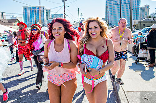 Some of the over 800 participants for the 2016 Cupid Undie Run race up Cains Hill Pl. in Buckhead on Saturday, February 13, 2016. 