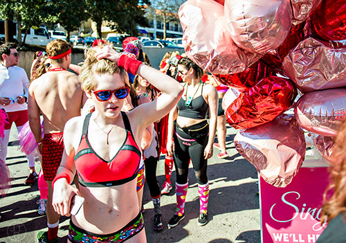 February 13, 2016 Atlanta - Anna Gray Young (left) heads back inside Big Sky after completing the 2016 Cupid Undie Run in Buckhead on Saturday, February 13, 2016. Around 800 runners registered for the fifth annual event which raised $250,000 for neurofibromatosis research. JONATHAN PHILLIPS / SPECIAL