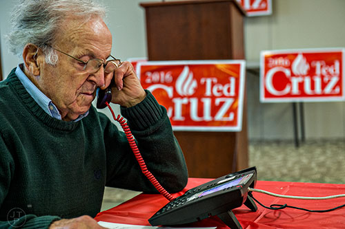 Al Gallo makes phone calls to voters at the Fayette County GOP building in Fayetteville on Monday, February 15, 2016. 
