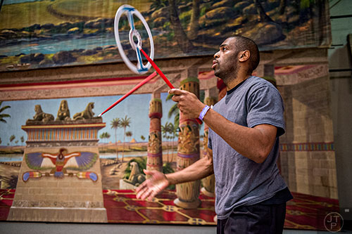 Keith McNeil juggles during the 38th annual Groundhog Day Jugglers Festival at the Yaarab Shrine Center in Atlanta on Saturday, February 6, 2016.