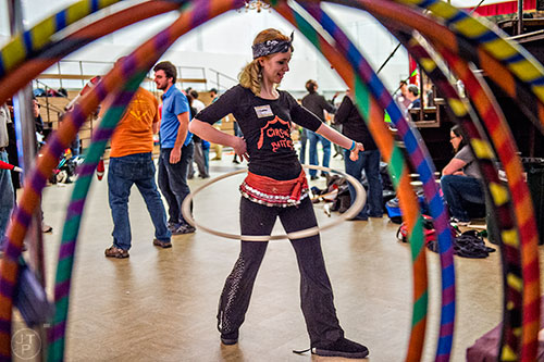 Caitlin Freeman hula hoops during the 38th annual Groundhog Day Jugglers Festival at the Yaarab Shrine Center in Atlanta on Saturday, February 6, 2016.